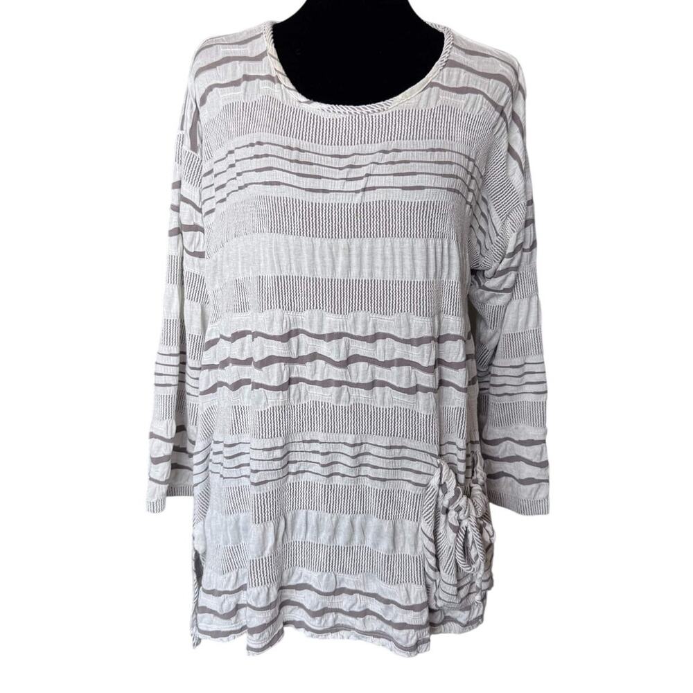 Yushi Artsy Lagenlook Crinkle Tunic Top XL Striped Boho Granola White Tan XL